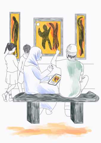 Line drawing of two adults and two children looking at art in a gallery