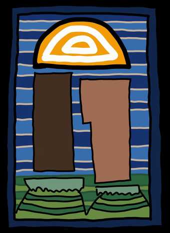 a digital drawing of block shapes on a stripey background